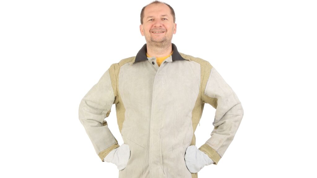 Picture of a man wearing a welding shirt.